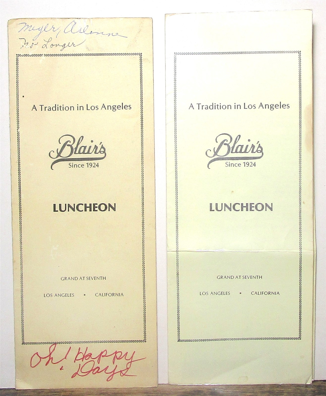 Vintage Blair's restaurant luncheon menus, Grand and 7th, Los Angeles