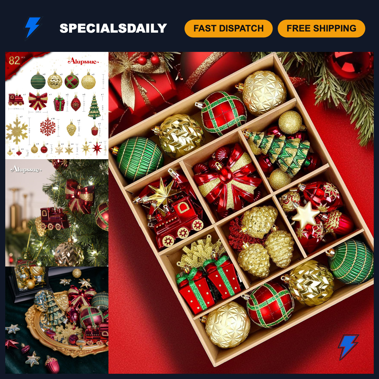 82pcs Classic Christmas Ornaments Set - Red, Green & Gold Balls for Holiday Deco