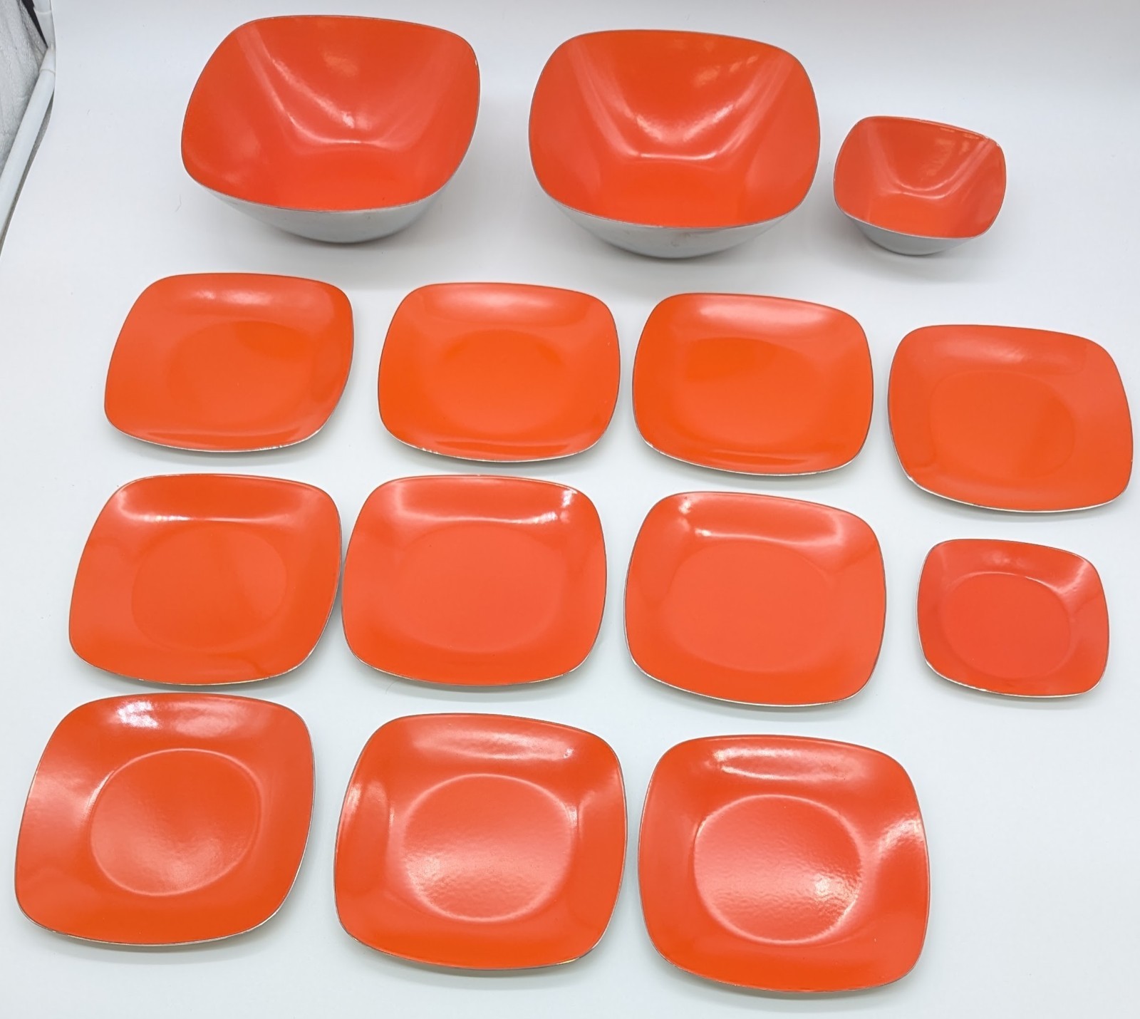 14 Catherineholm Orange Enamel Stainless Steel Square Plates Bowls Vtg Lot Set