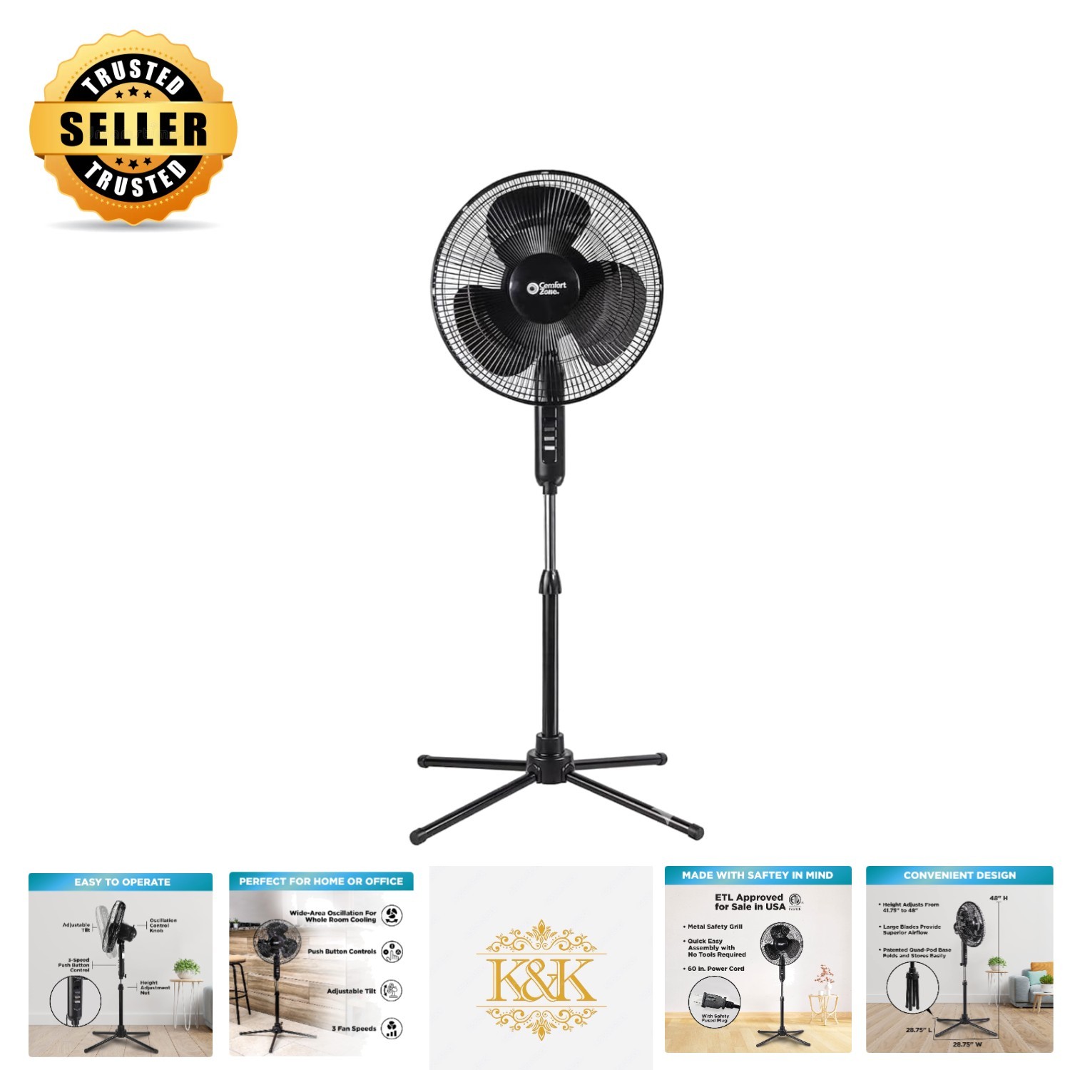 Versatile 3-Speed Oscillating Stand Fan - Adjustable Height & Quiet Operation