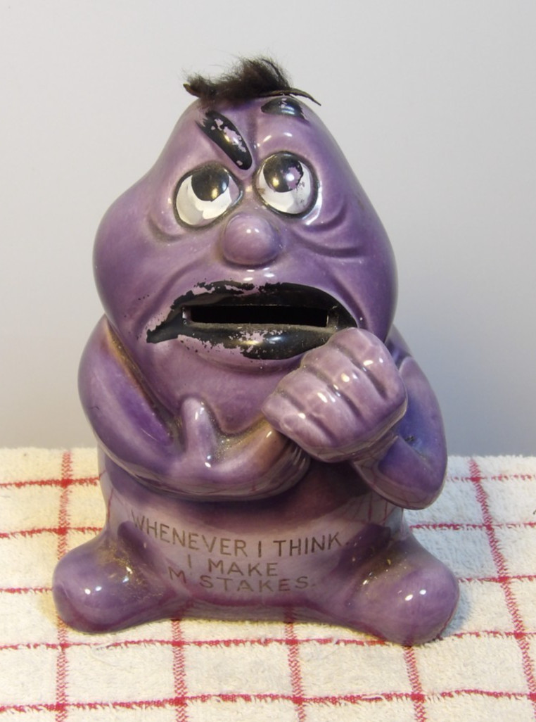 Vintage Norcrest Whenever I Think I Make Mistakes Purple Porcelain Bank-MONSTER