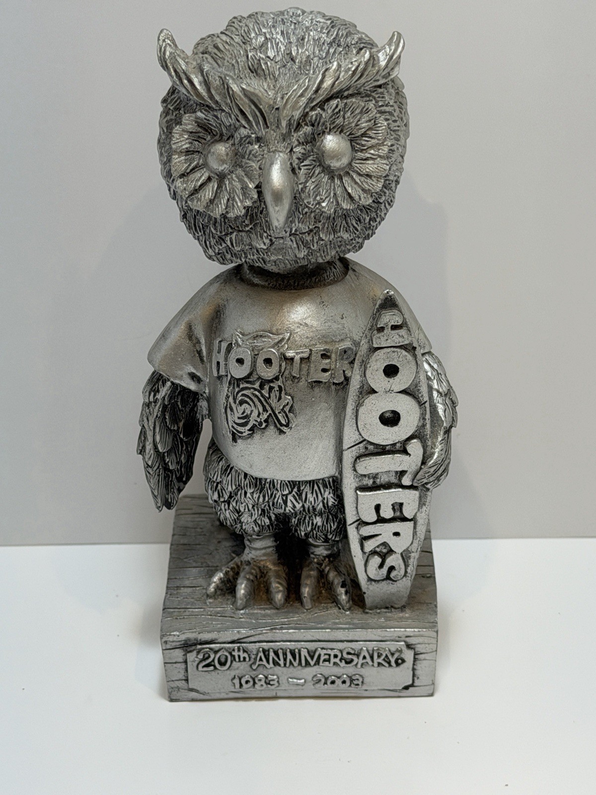 Vintage Hooters 20th Anniversary Owl Bobblehead Pewter Style Surfboard 2003
