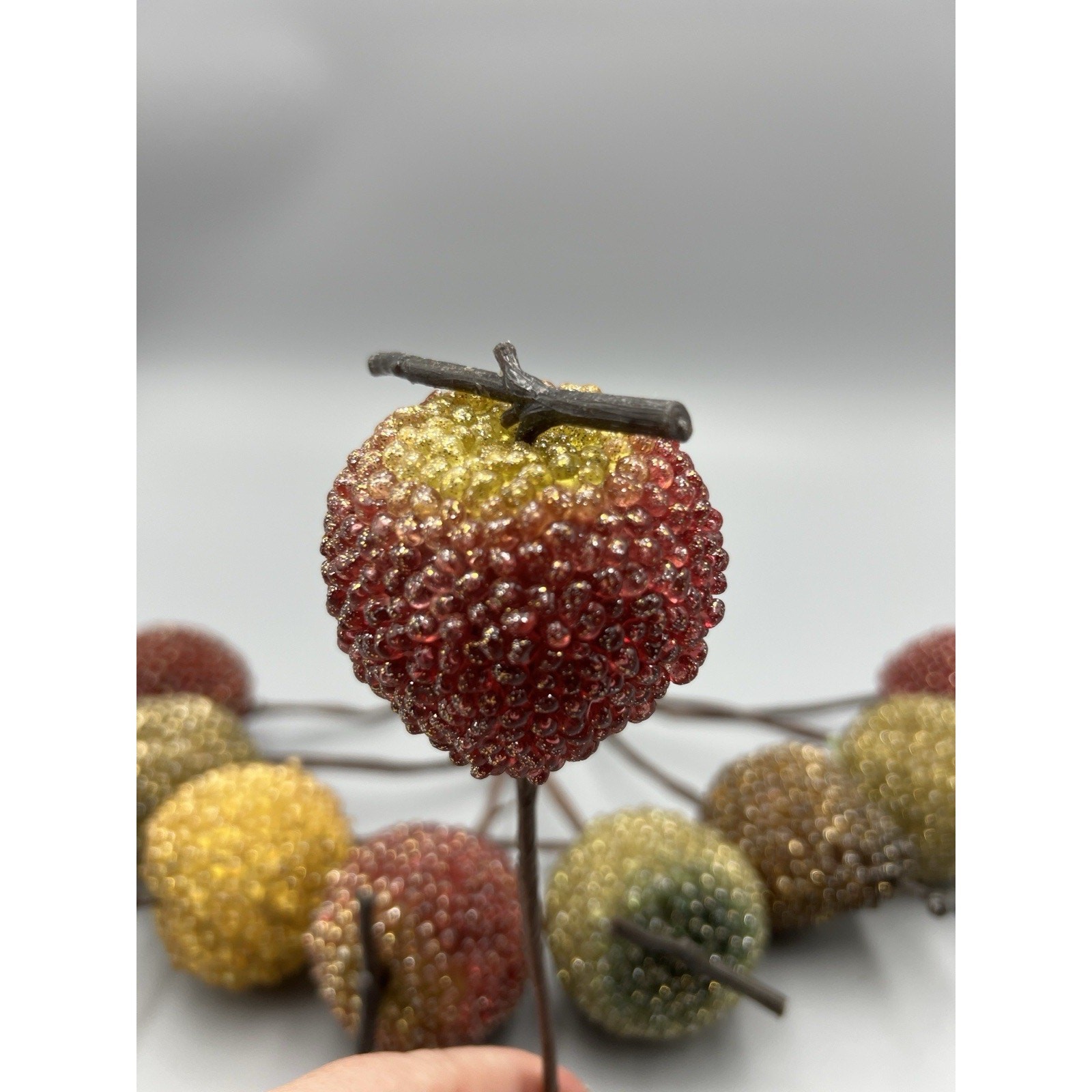 9 Vtg Glass Sugared Beaded Fruit Floral Picks Xmas Ornaments Apples Pear Jeweled