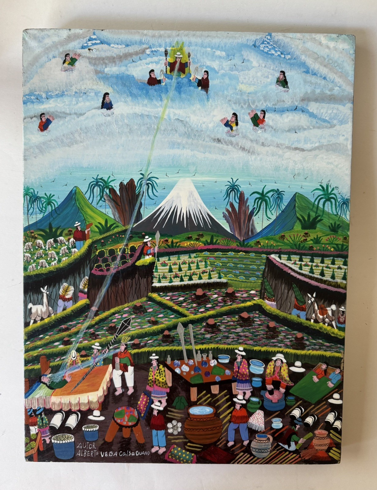 Vintage Tigua Folk Art Ceremony Ecuador Sheepskin Alberto Vega 15.75 x 11.75