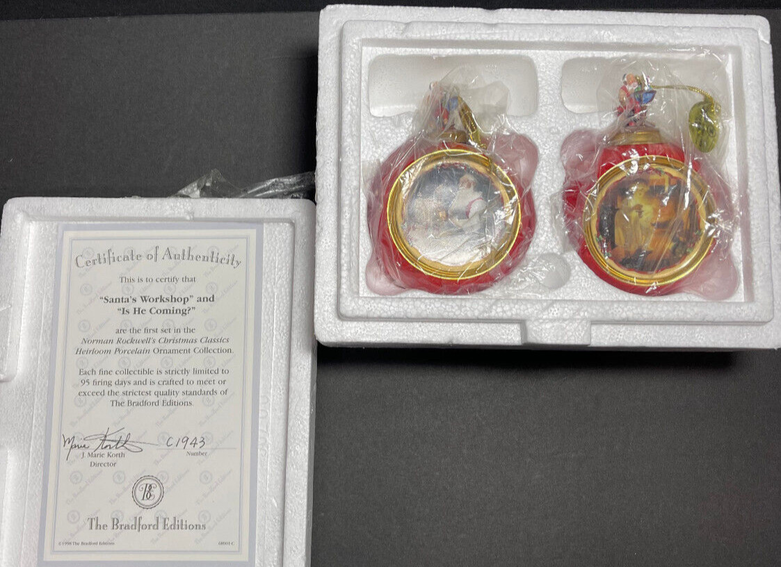 Vtg 1998 Bradford Editions Norman Rockwell Christmas Ornaments Set Of 2 w/COA