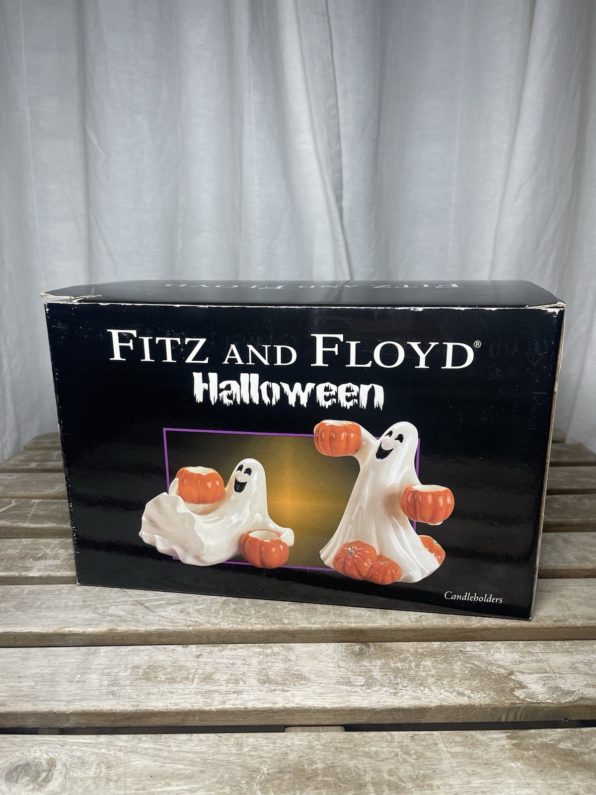 New Fitz and Floyd Halloween Ghost Pumpkin Candle Holders Set of 2 - 2004 & Box