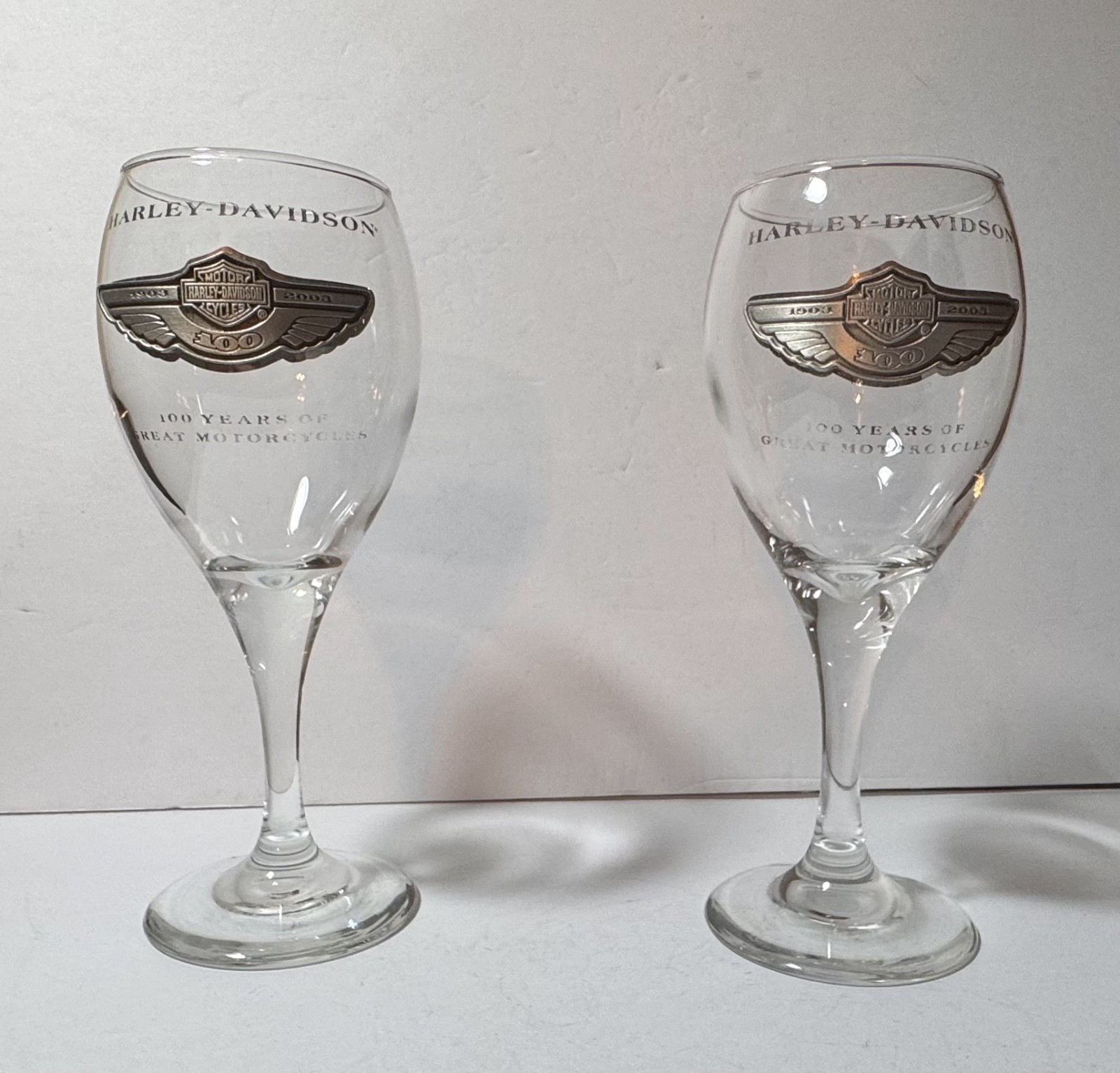 Set 2 Harley-Davidson 100th Anniversary Collector Wine Glass  Pewter Emblem 2003