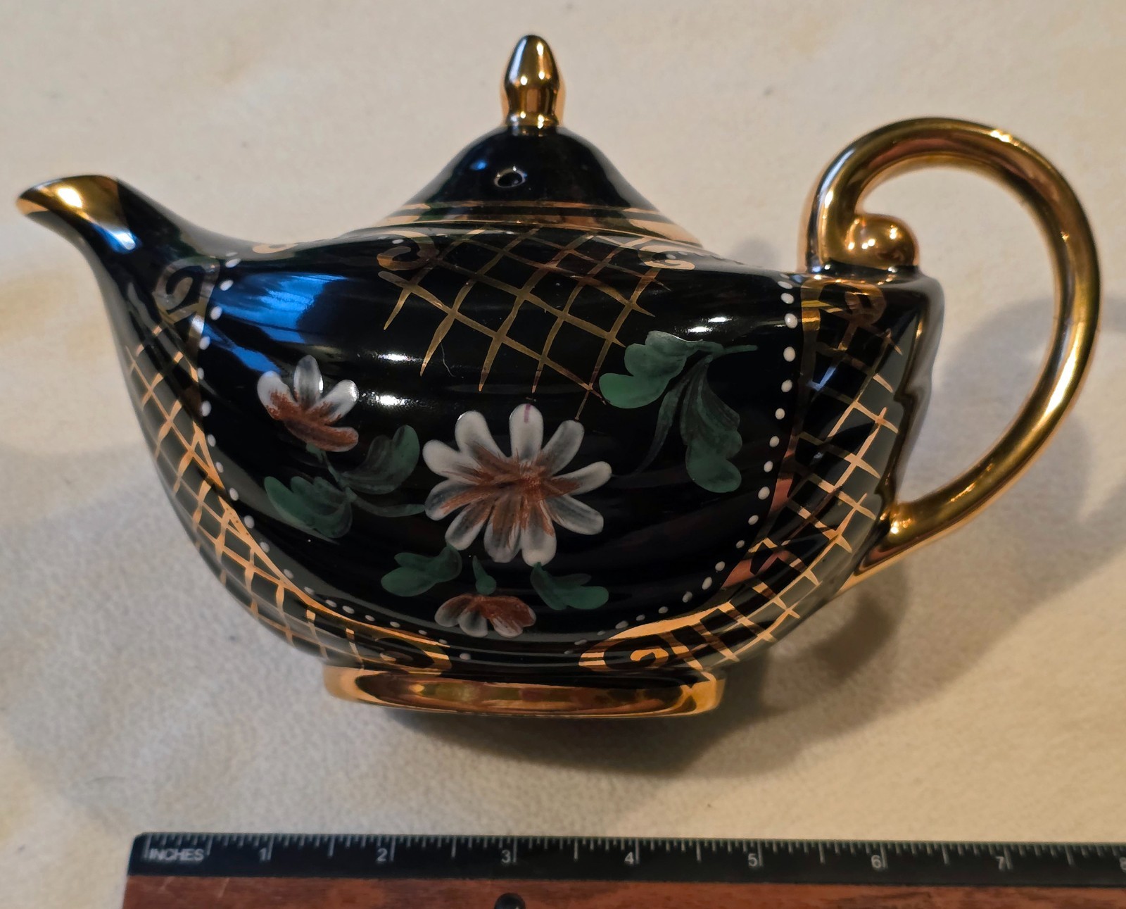 Flowers & Gold Hand Painted Black Teapot by Arthur Wood, England