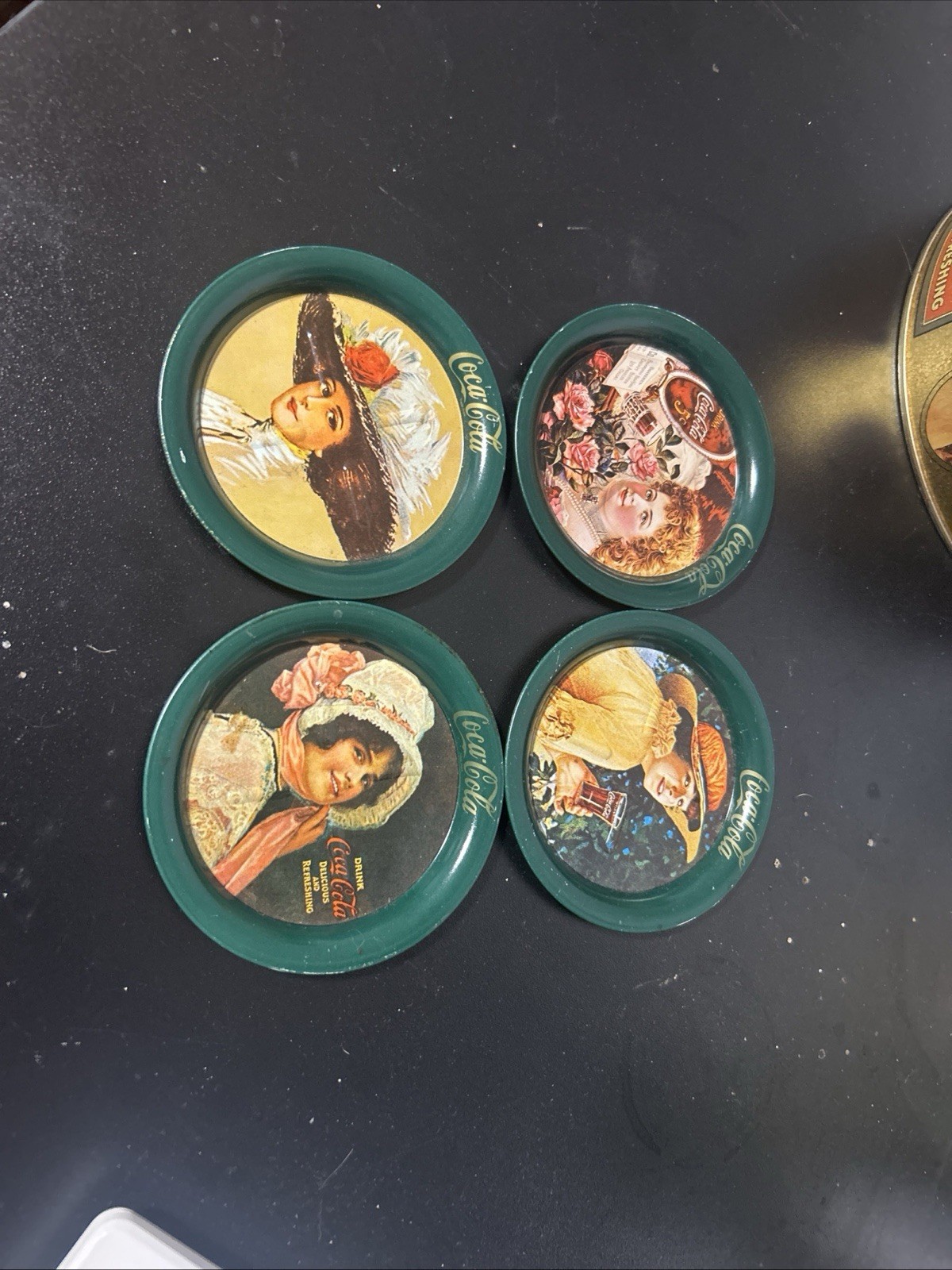 Vintage Set of 4 Coca-Cola Metal Mini Tip Trays Coasters Green Victorian Girls
