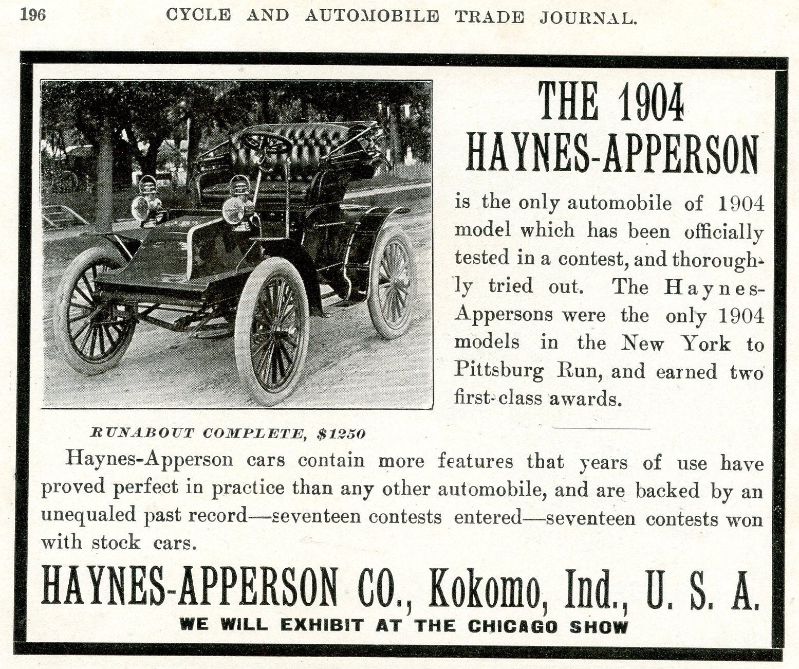 1904 HAYNES-APPERSON RUNABOUT CAR KOKOMO INDIANA AD NEW YORK TO PITTSBURG RUN