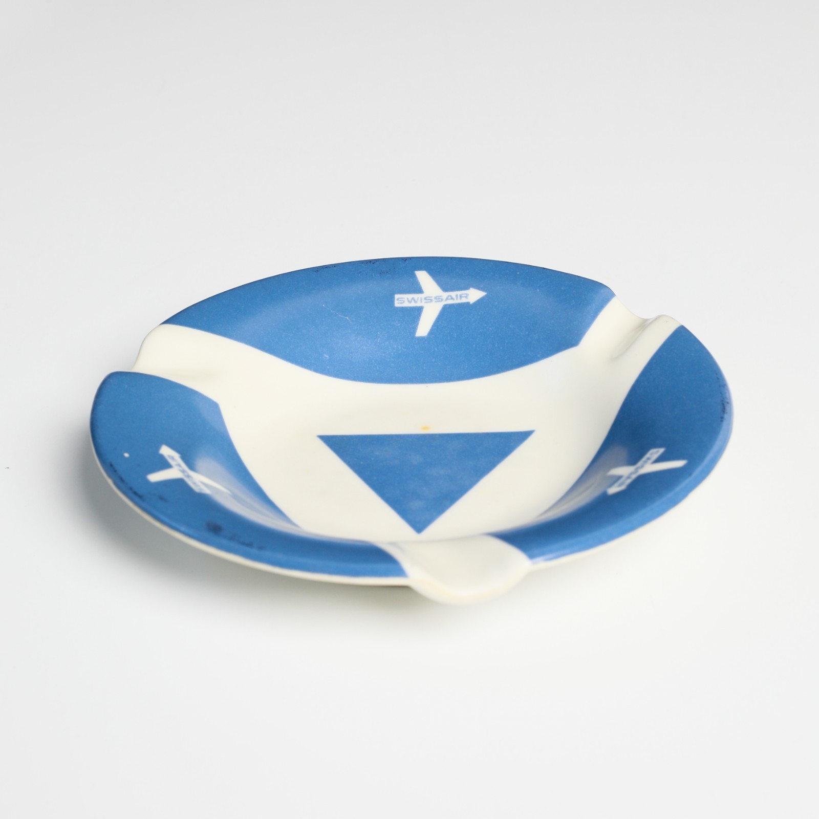 Vintage 1960s Swissair Ornamin 4135 Ashtray Blue White Switzerland Airline