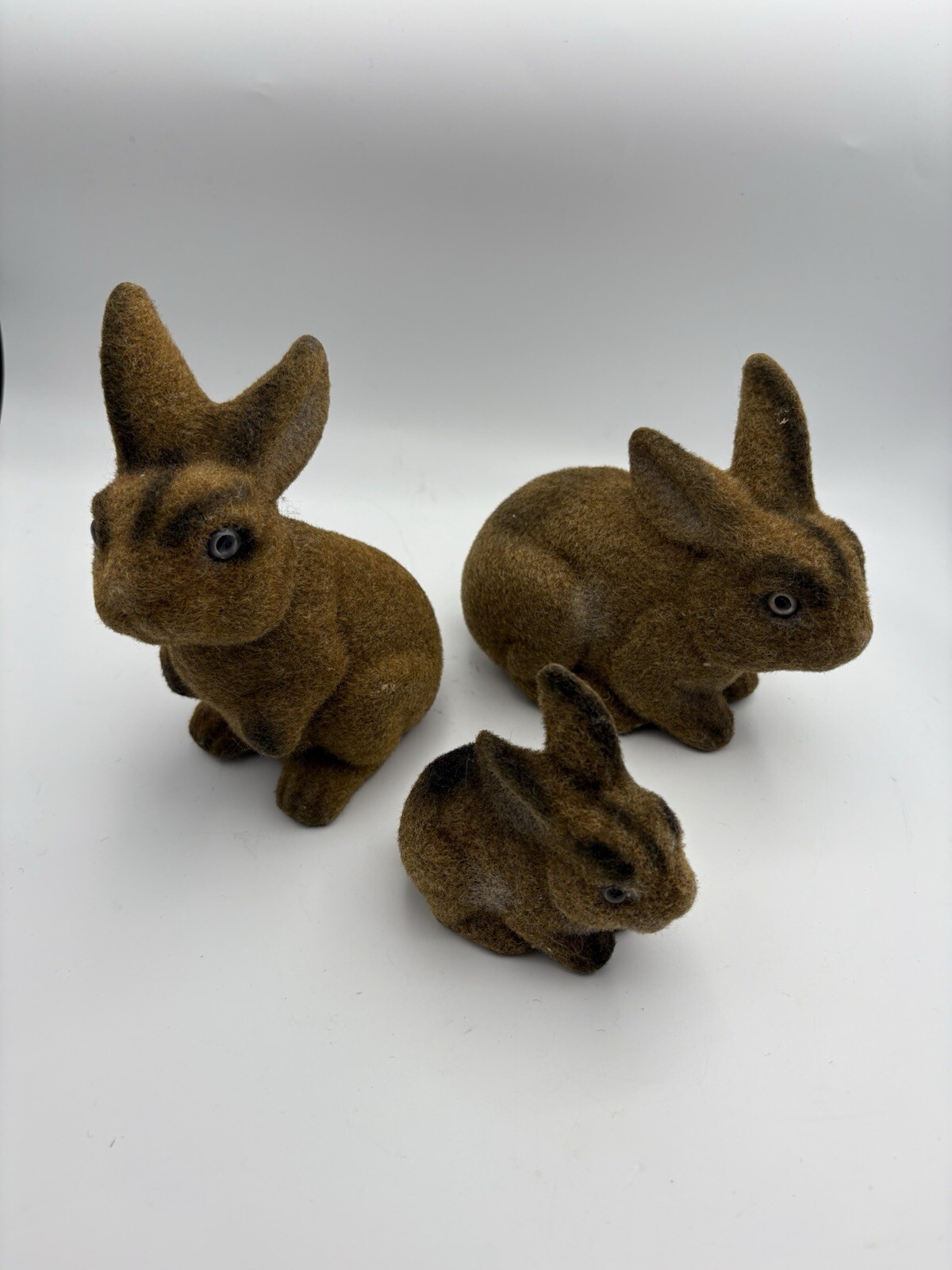 Vintage Set Of 3 Flocked Plastic  Bunny Rabbit Realistic  Brown Figurine Easter