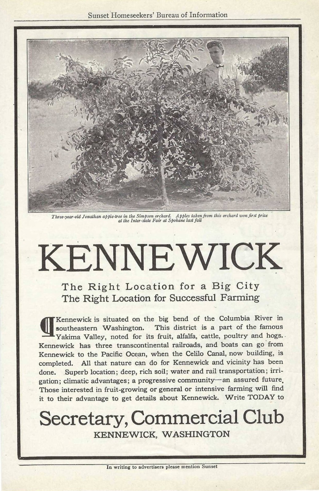 1911 Antique Magazine Ad, Kennewick, Washington. Yakima Valley. Columbia River