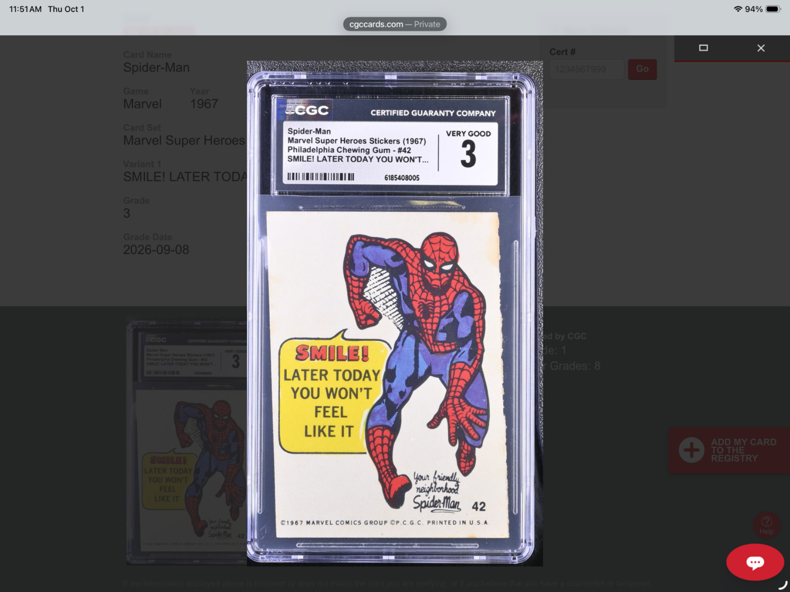 CGC 3 *1967 MARVEL SUPER HEROES * PHILADELPHIA STICKER #42 *SPIDER-MAN*