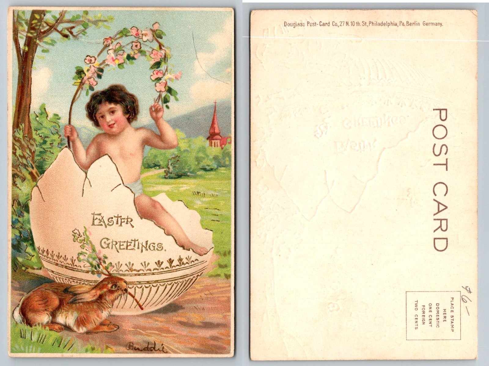 Standard Easter Greetings Child in Eggshell Rabbit Postcard