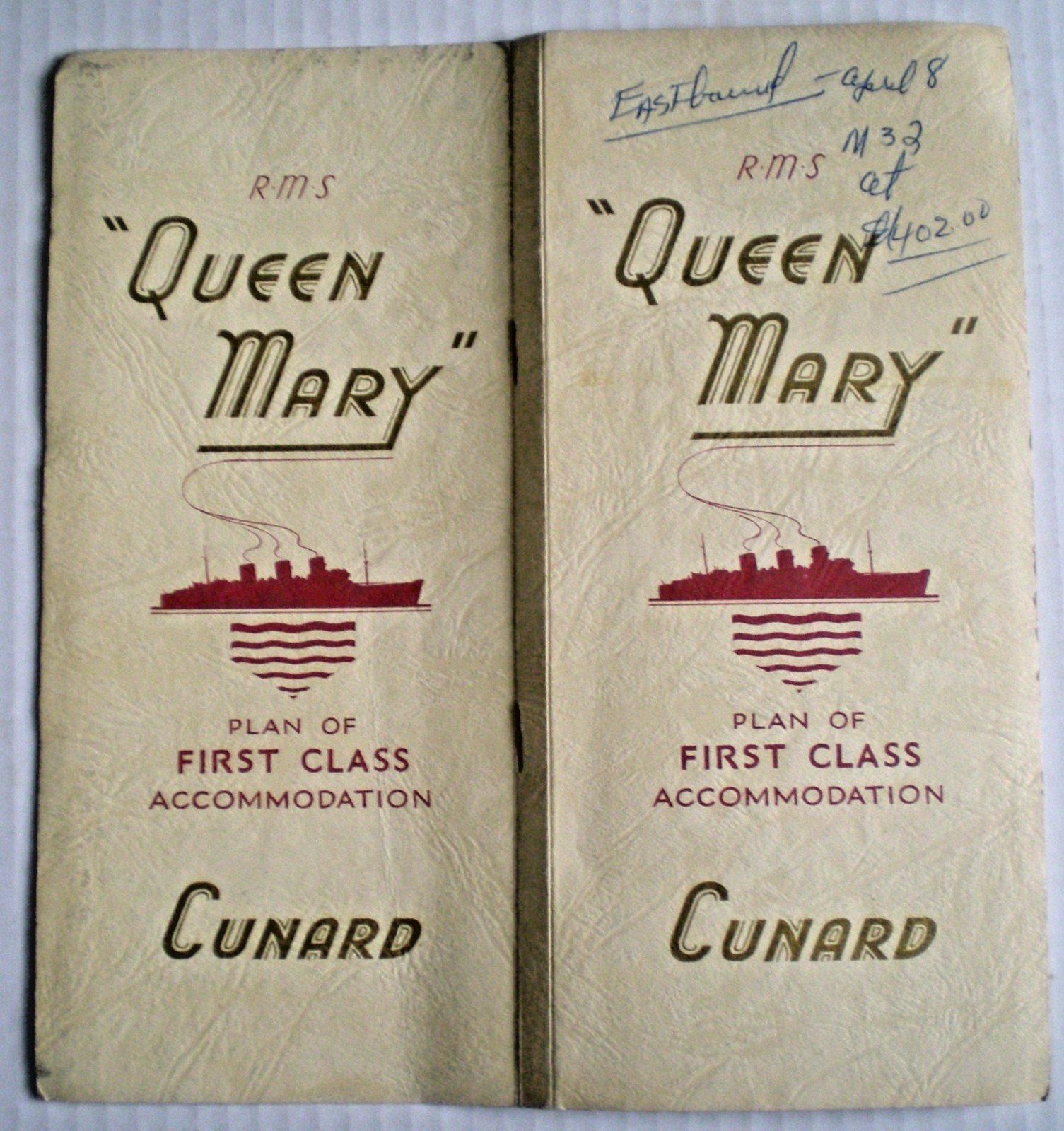 1956 RMS QUEEN MARY First Class Deck Plan - Passenger Notations Cabin M32