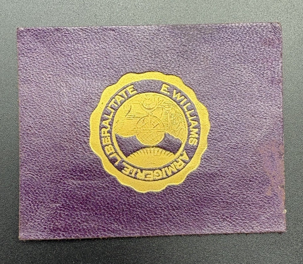 c1910 L20 Williams College MA Seal Tobacco Leather Purple Gold 2x2.5