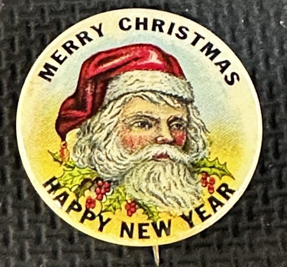 VINTAGE 1940s SANTA CLAUS CHRISTMAS CELLULOID PINBACK BUTTON HAPPY NEW YEAR