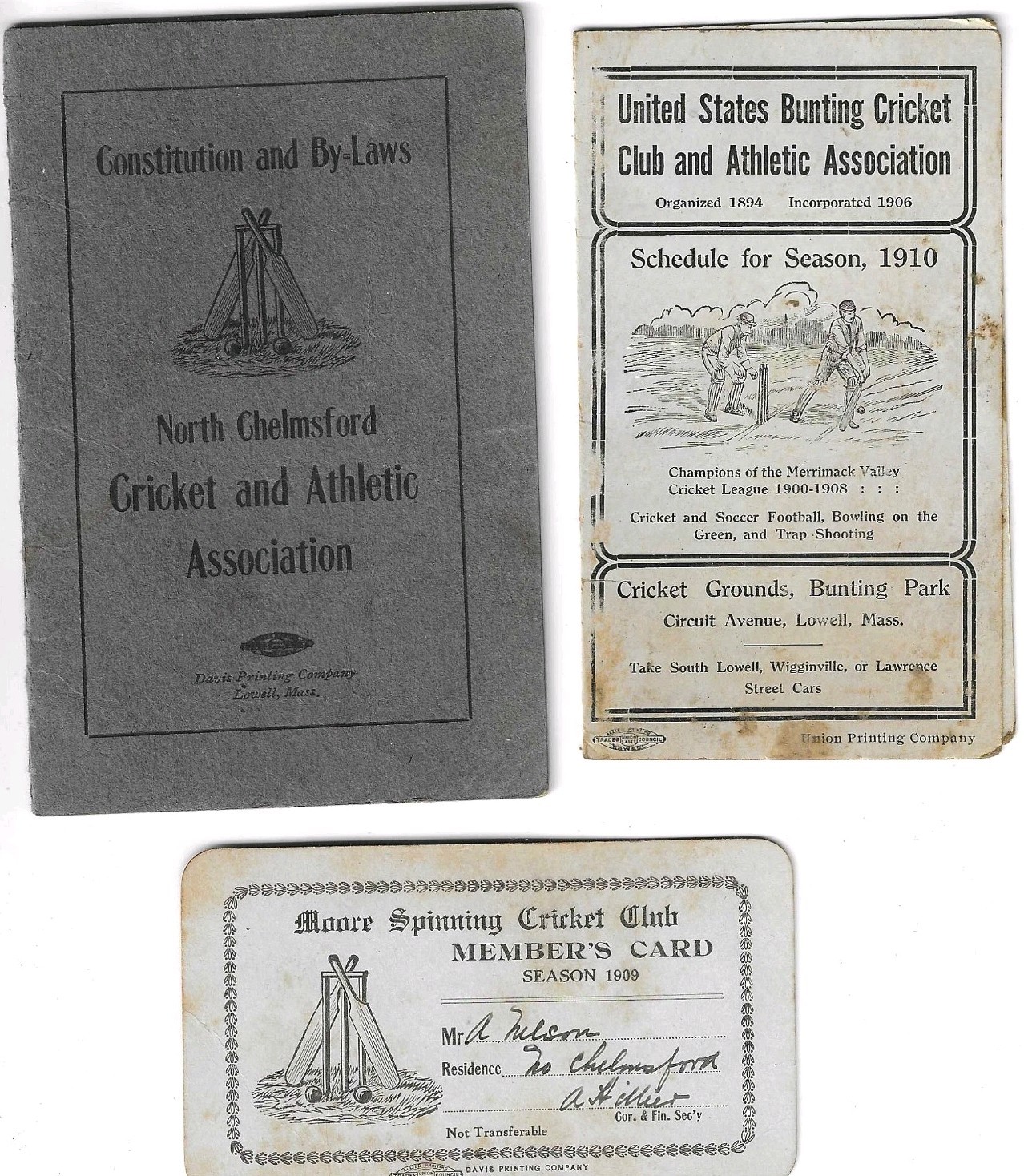 1910 Merrimack Valley Bunting Cricket Club US Schedule Card By-Laws Lowell MA