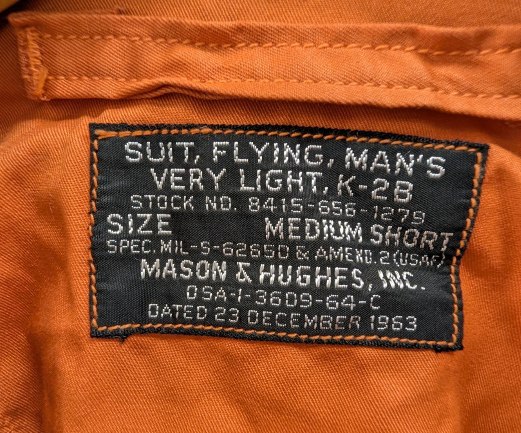 VINTAGE 1963 USAG Orange K-2B Flight Suit Mason Hughes Conmar Zips Vietnam Sz MS