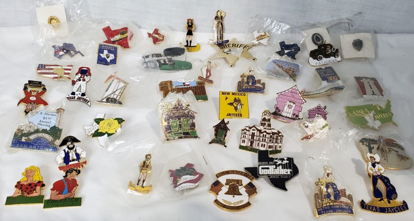 Lot of 44 Vintage Assorted Texas Jaycees Lapel Pins Pinback 80\'s Buildings State