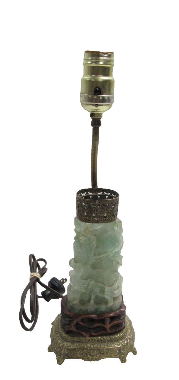 Antique Green Jade Art Deco Carved Jade Lamp