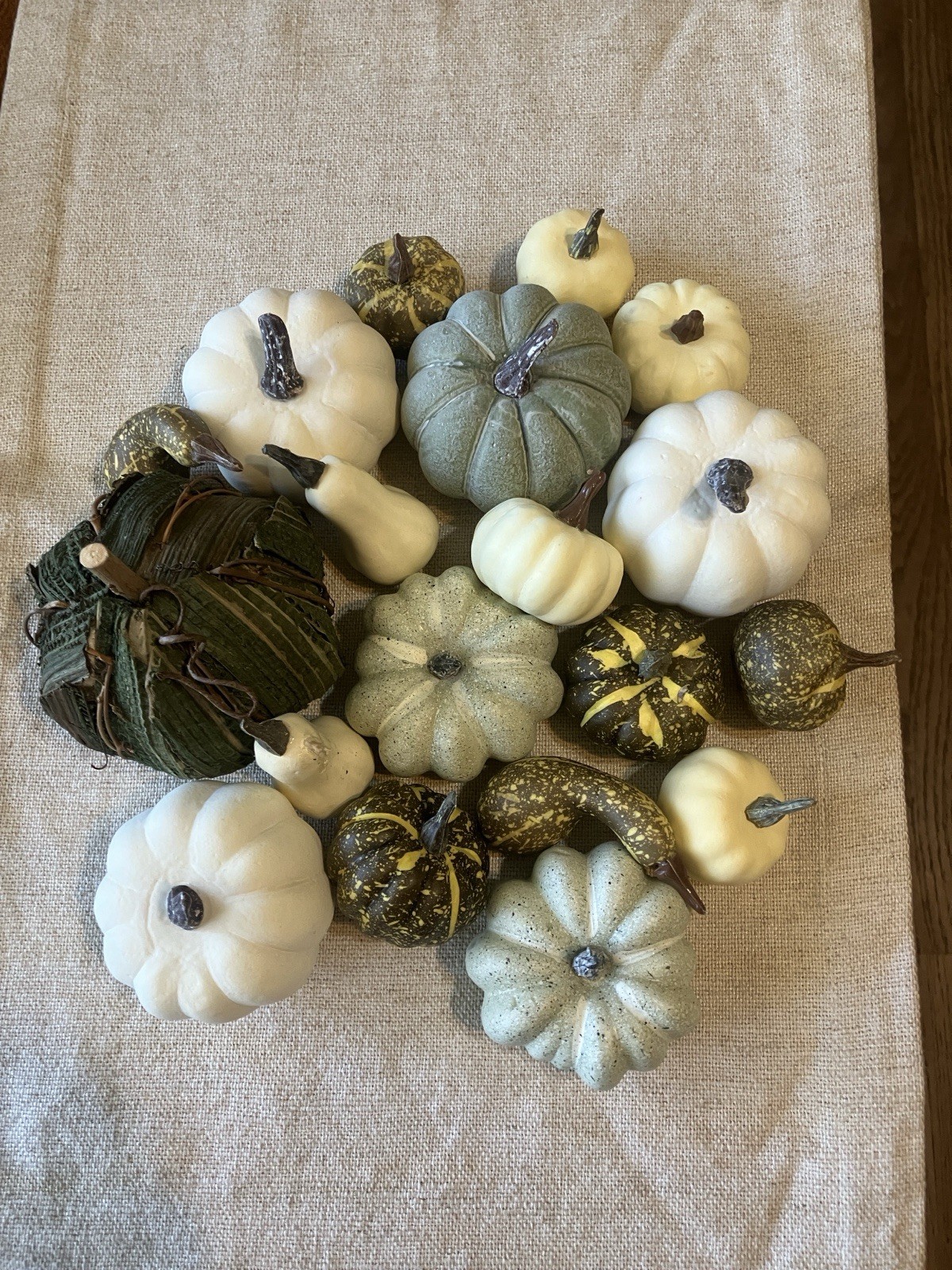 Assorted Lot Decorative 19 Faux Fall Mini Pumpkins & Gourds - White & Soft Green