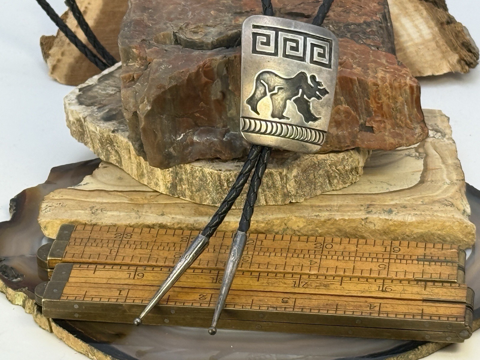 Vintage Roscoe Scott Navajo Native Sterling Silver Bear Bolo Tie--2096.26