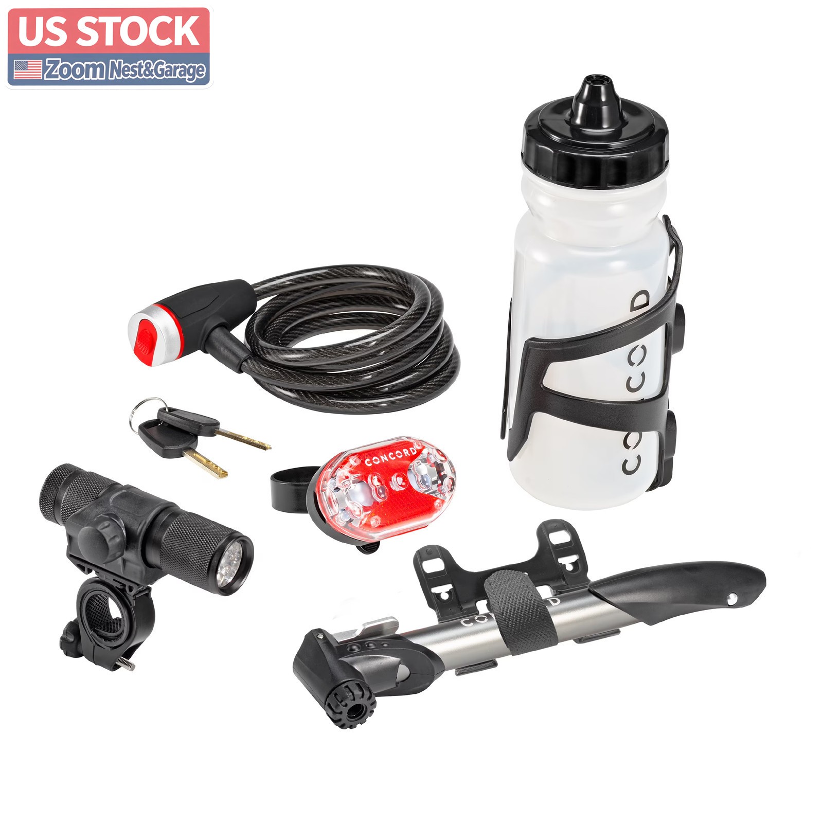 US Stock Concord Bike Accessories Pack Mini Pump Lock LED Light Bottle Cage