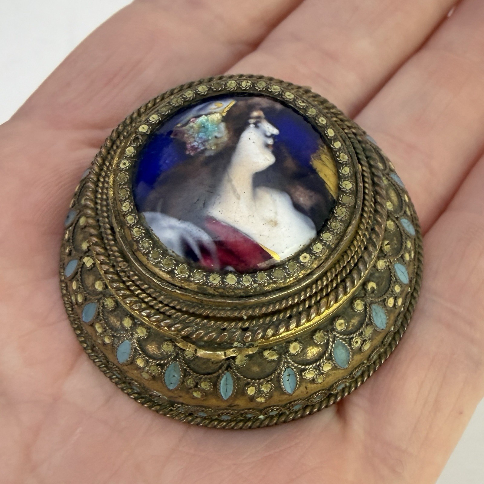 Antique Portrait Trinket Box Painted Enamel Bronze Gilt Victorian Pill Box