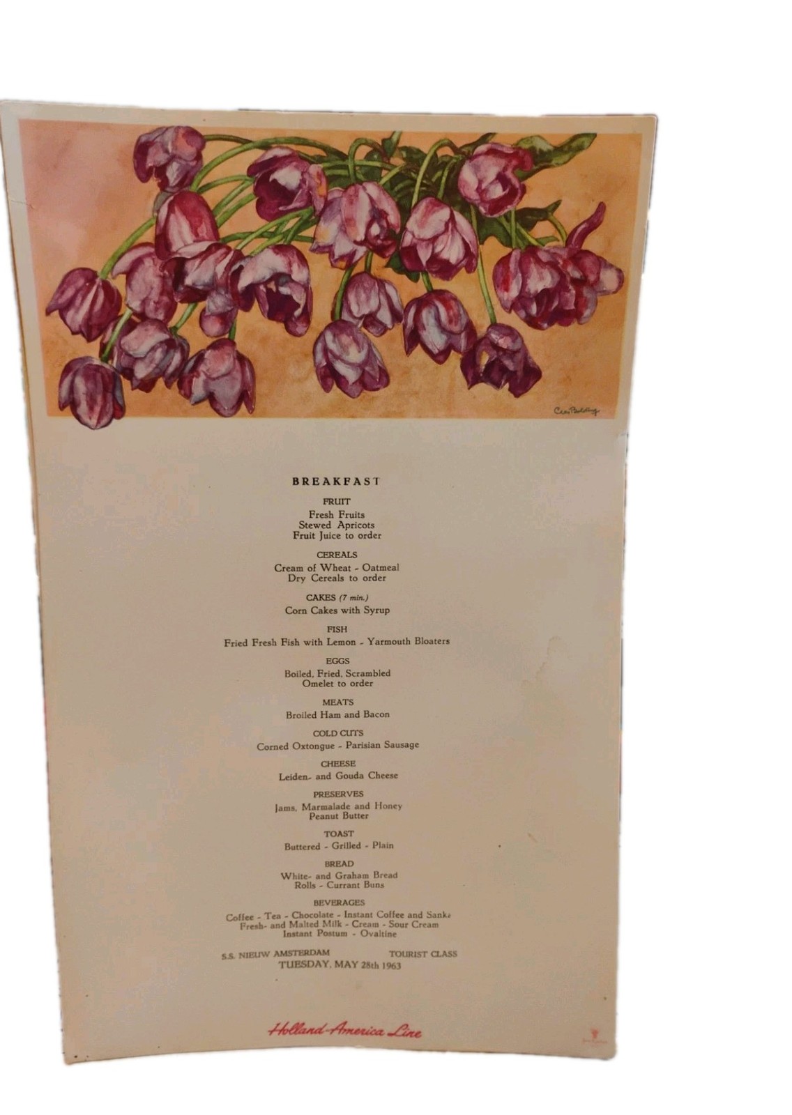Vintage May 28th 1963 Holland America Line Nieuw Amsterdam Breakfast Menu Card