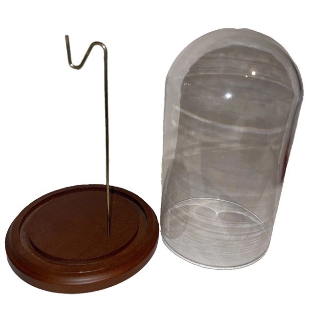 Nice VTG Clear Glass Dome Display w/ Hook for Pocket Watch Or Ornament  Wood 