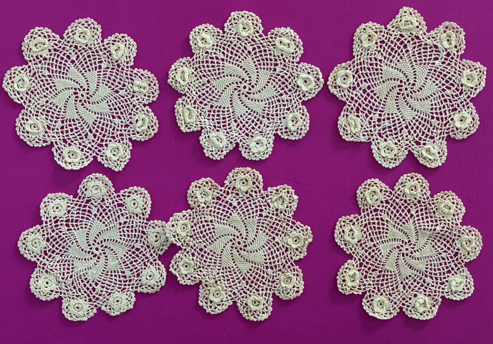 TINY 4” LACE DOILIES Irish Crochet Roses Round 6 Handmade Vintage Antique Lot