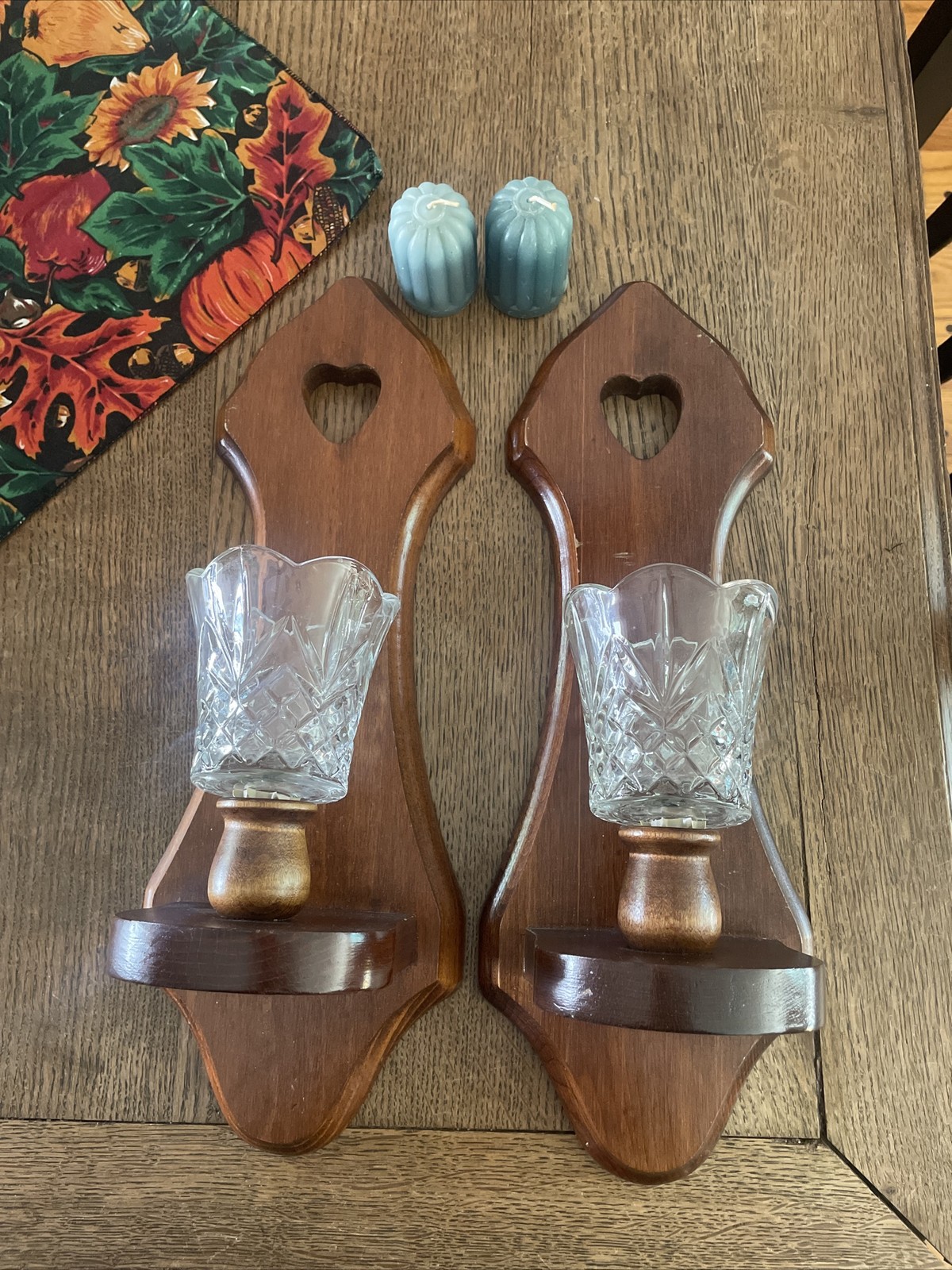 Pair Of Vintage Wooden Wall Sconces Glass Candle Holders Candles￼￼