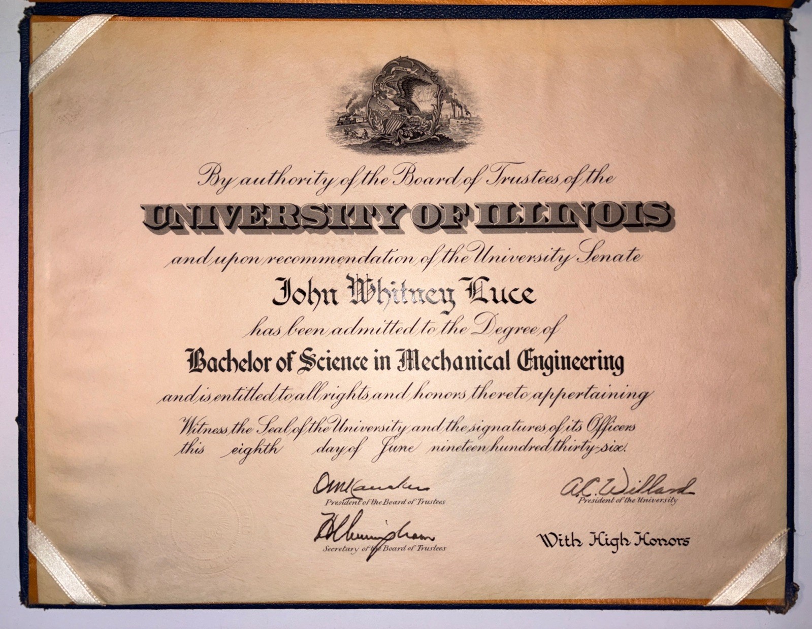 1936 University of Illinois Engineering Diploma High Honors Dr A.C. Willard