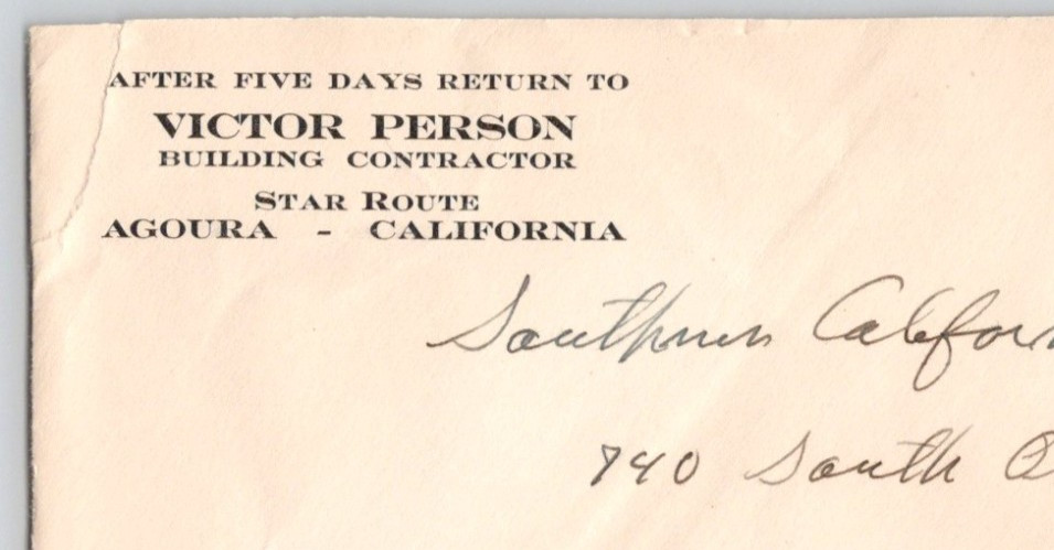 1939 Victor Person Building Contractor Star Route Agora  CA  Postal Cover