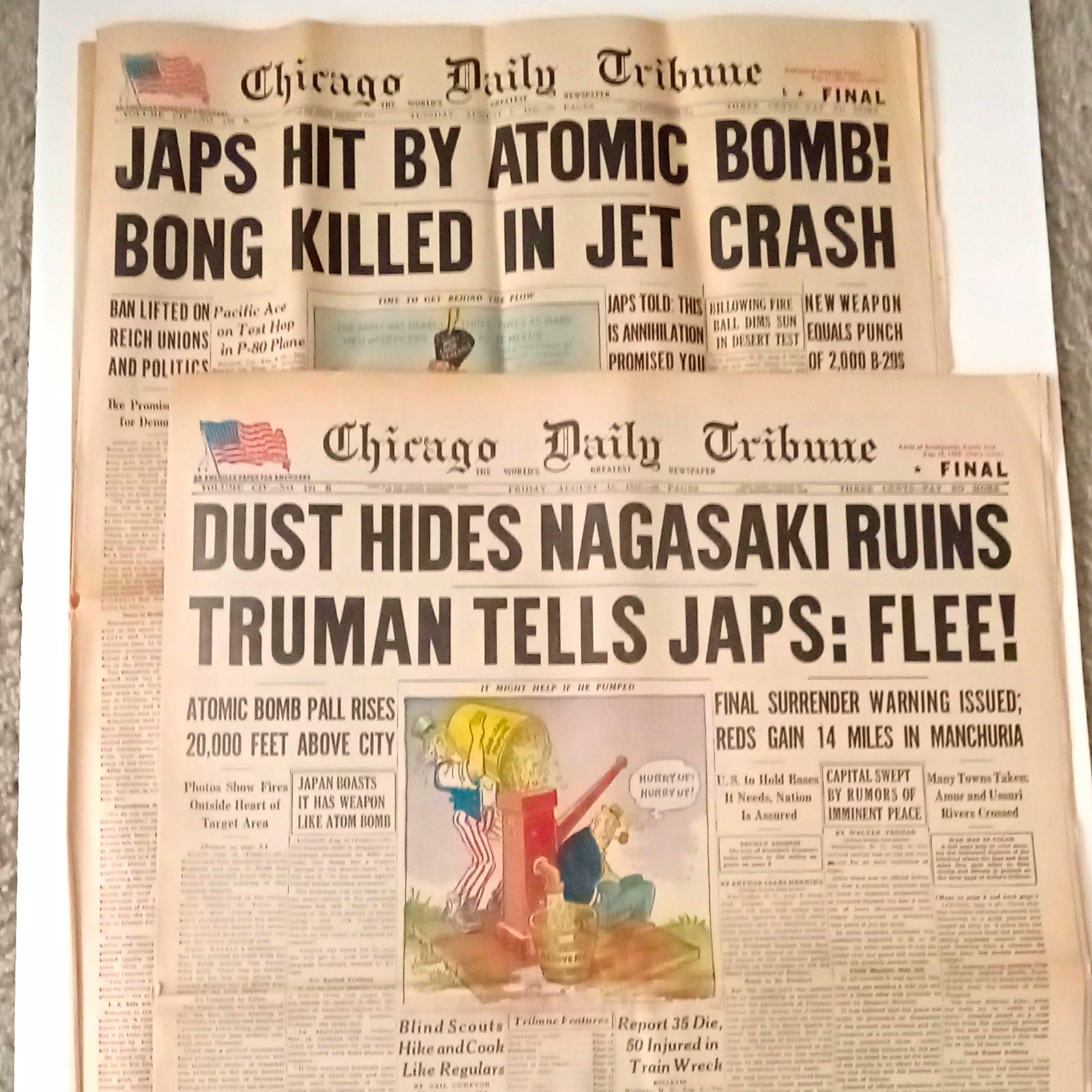 Lot of 2 - Hiroshima & Nagasaki Atomic Bomb - World War II 2 -Chicago Newspapers