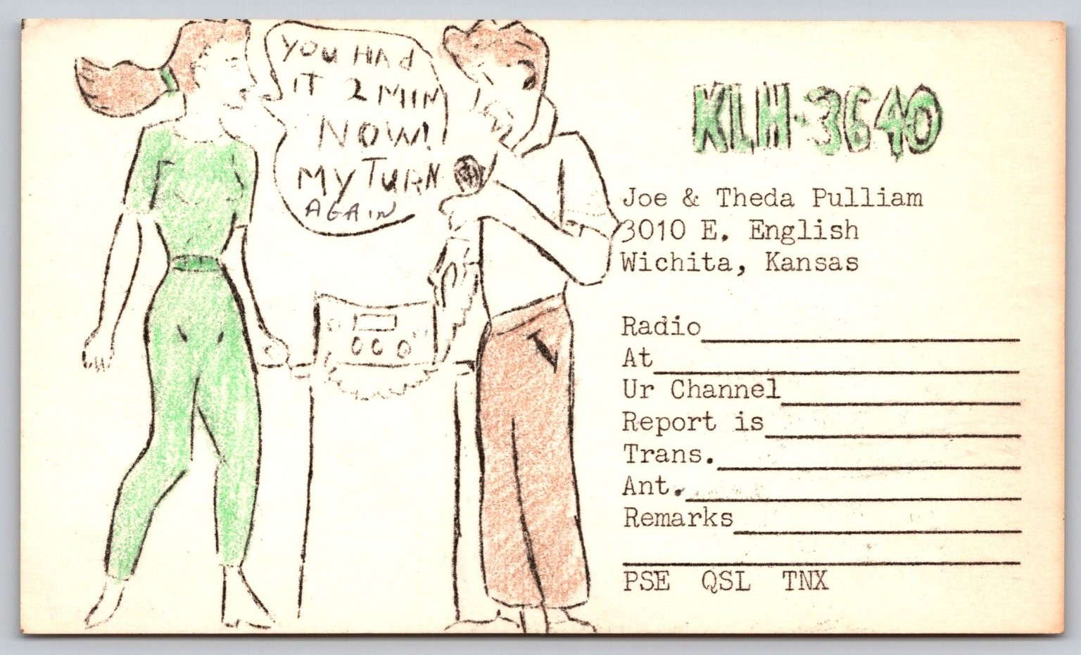Vintage KILH-3640 QSL Card Wichita Kansas Cartoon Radio Ham Op C137