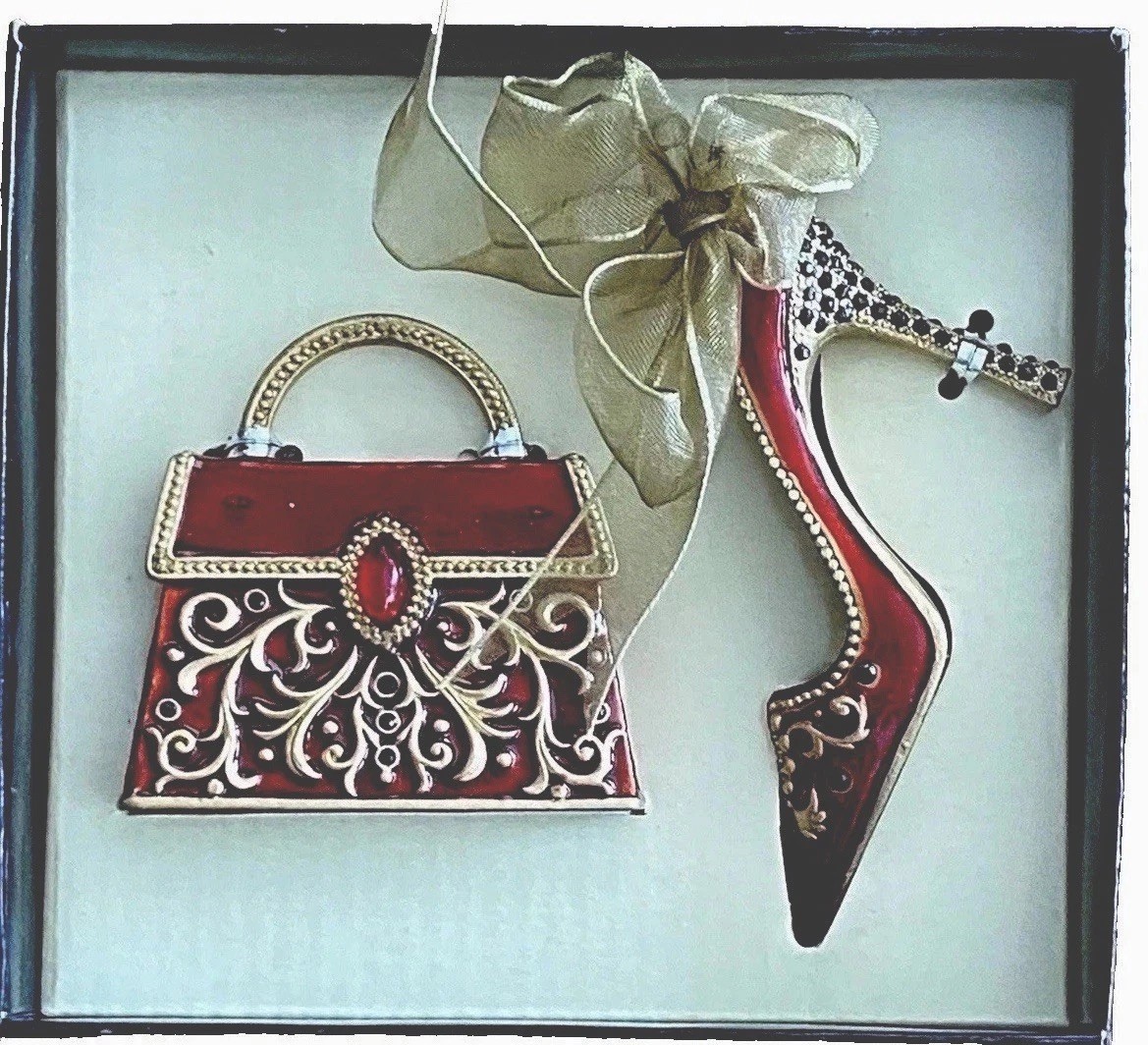 Ashleigh Manor Miniature Purse & Shoe Charms Enamel Red, Gold Trim NEW