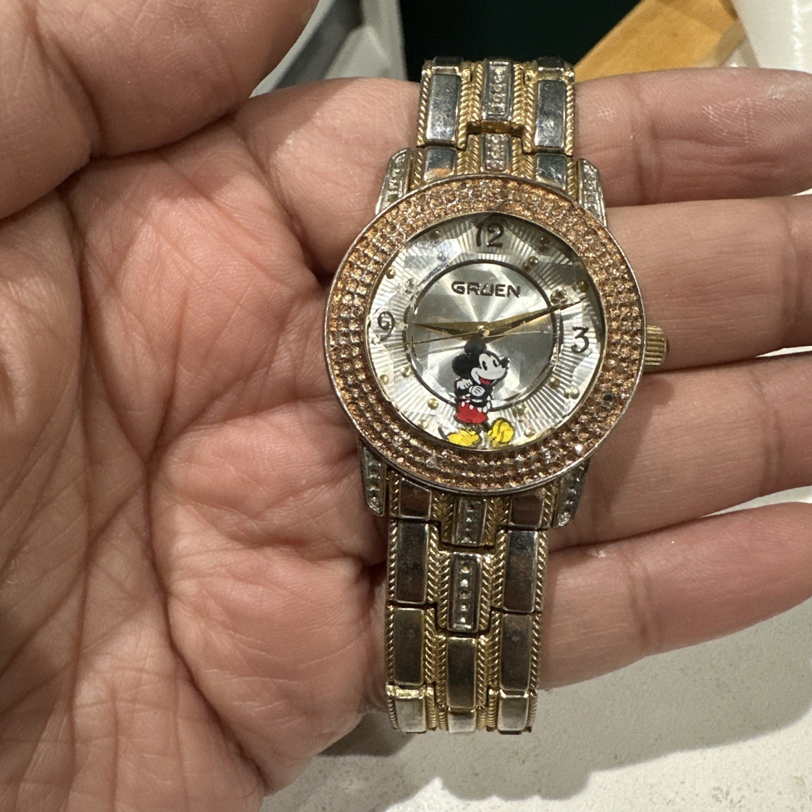Working Vintage Gruen Disney Mickey Mouse Unisex Gold Watch New Battery 34mm 7”