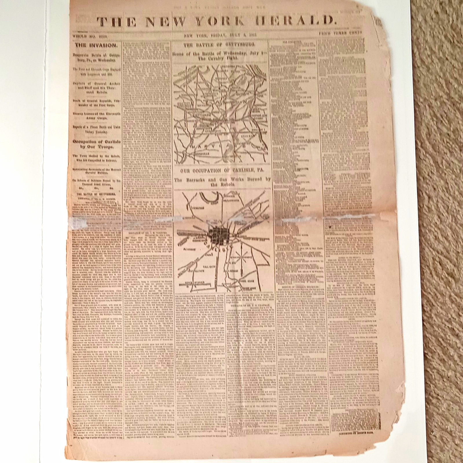 GETTYSBURG - July 3, 1863 - Civil War - New York Herald Newspaper 