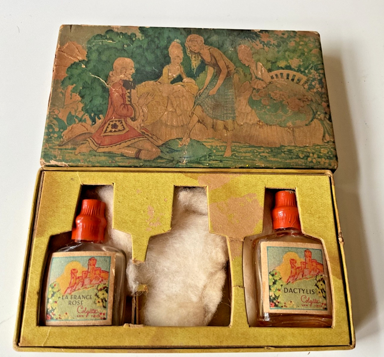 RARE C. 1910 COLGATE THE GLASS SLIPPER MINIATURE PERFUMES BOX & 2 BOTTLES