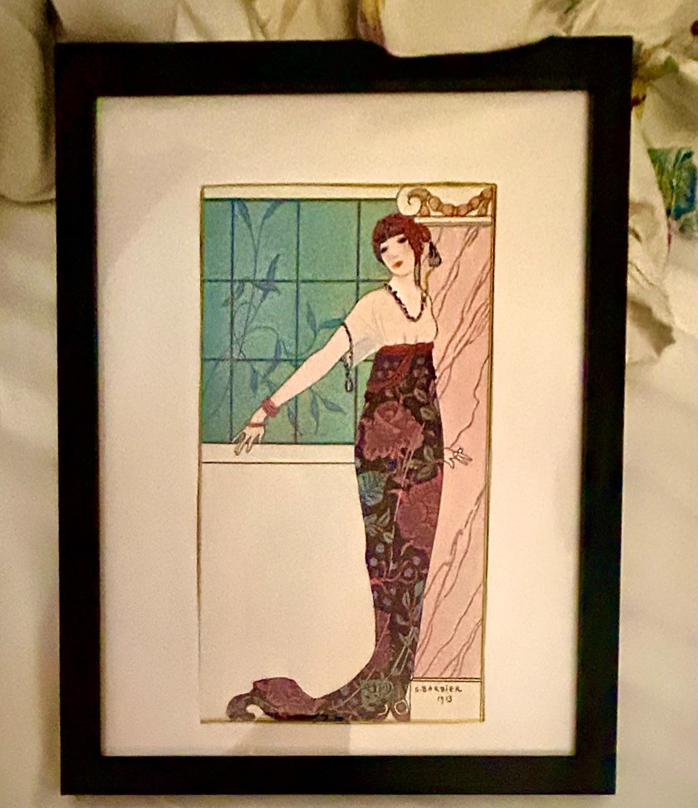 1920 French Art Deco Fashion Print Framed Matted In A Nail Free Frame 8x10”
