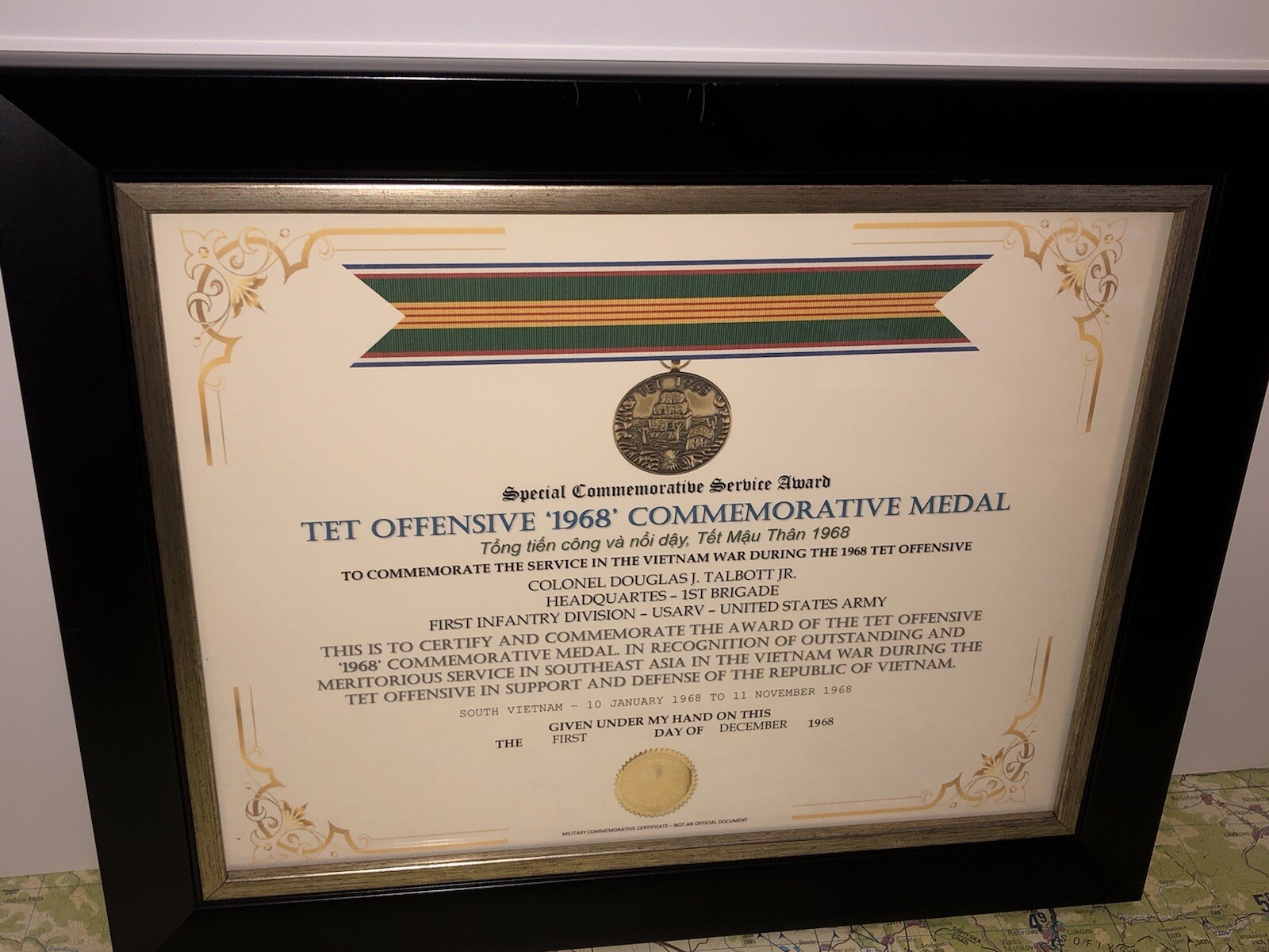 SCSA - VIETNAM WAR TET OFFENSIVE 1968 COMMEMORATIVE MEDAL CERTIFICATE ~ Type 1