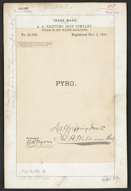 Photo:A A Griffing Iron Co PYRO Radiators Trademark 1891 Steam Hot Water