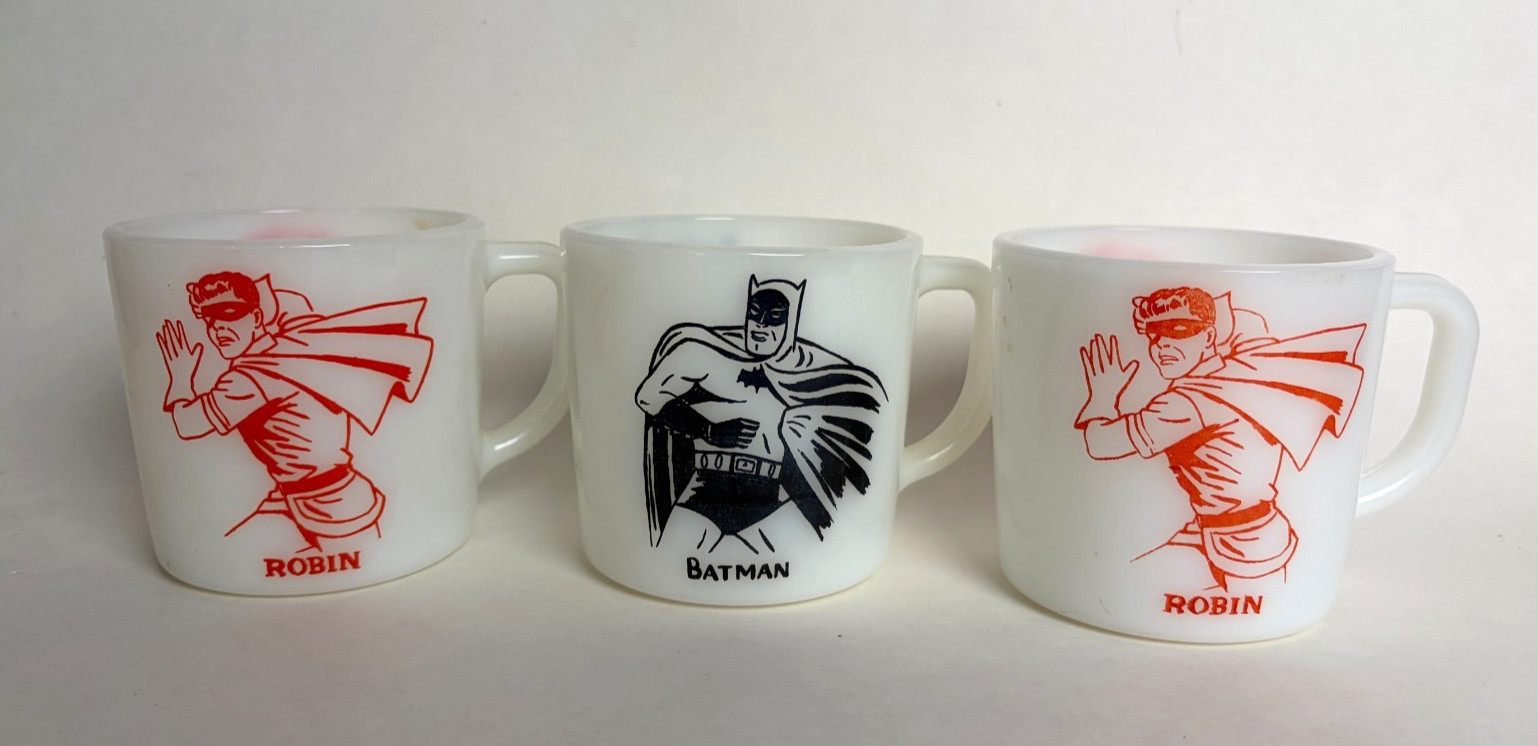 Batman & Robin Vintage Westfield Mugs Cups Milk Glass Set of 3 1966
