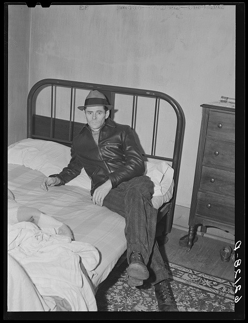 Ambridge Pennsylvania Steelworker 1941 Man in Bedroom Leather Jacket Fedora