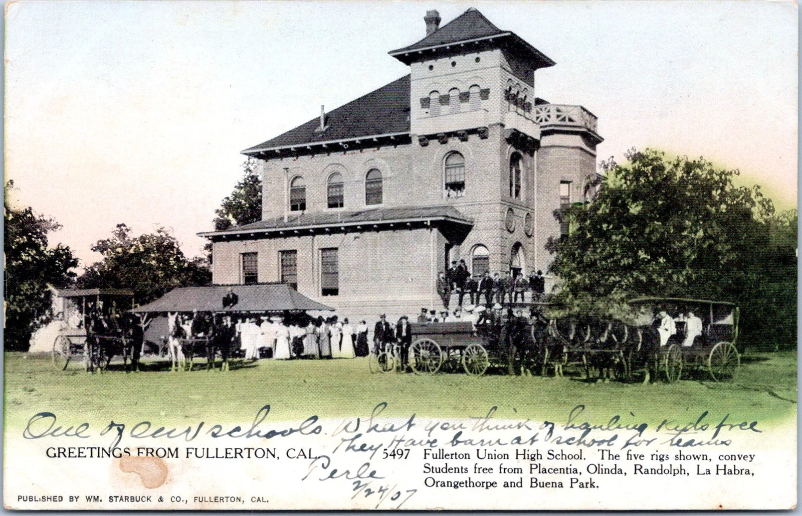 Fullerton, California - Fullerton Union High School with Carriges 1907 Postcard