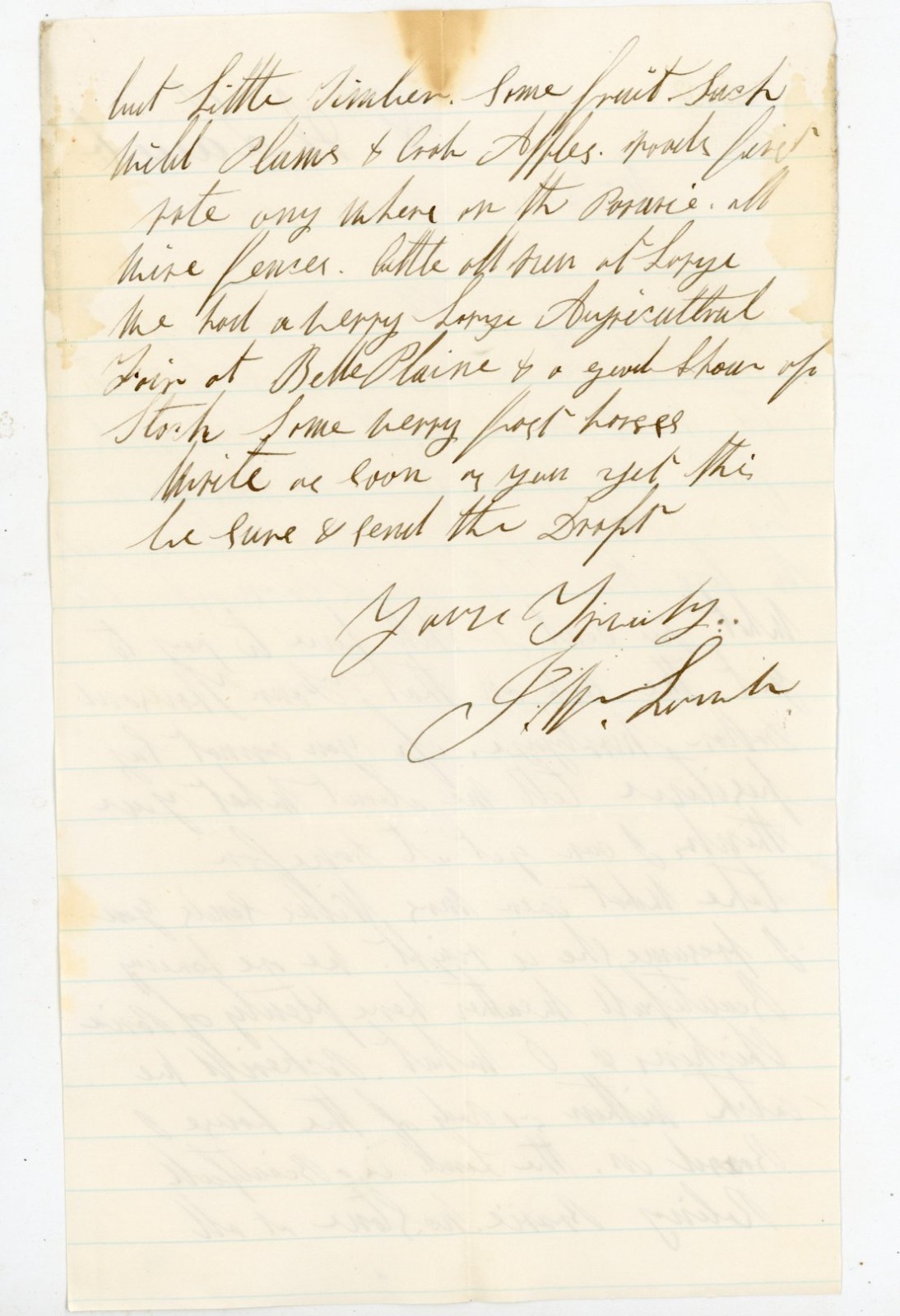 1868 Handwritten Letter Belle Plaine Kansas Prairie Agricultural Fair Wild Plums