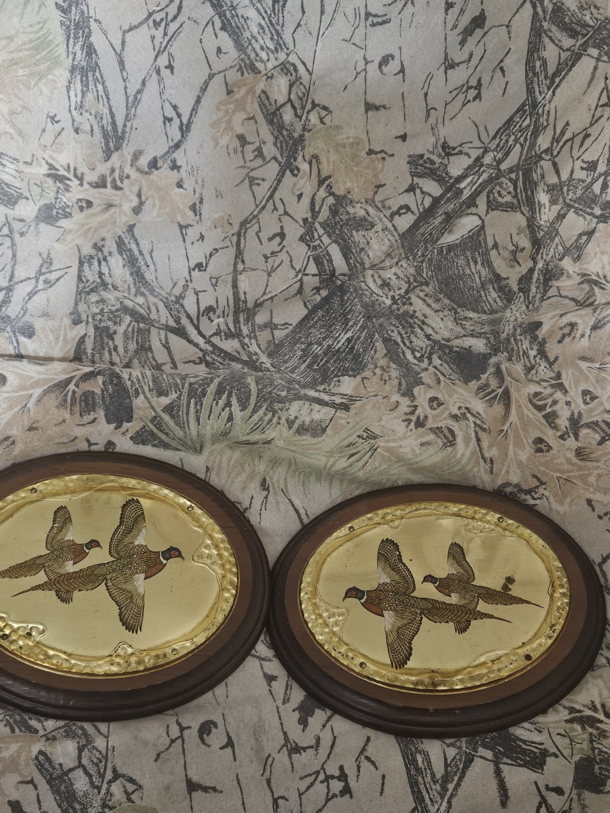 Vintage Oval Wood w Hammered Brass Hand Painted Plaques Of Pheasants Mid Flight